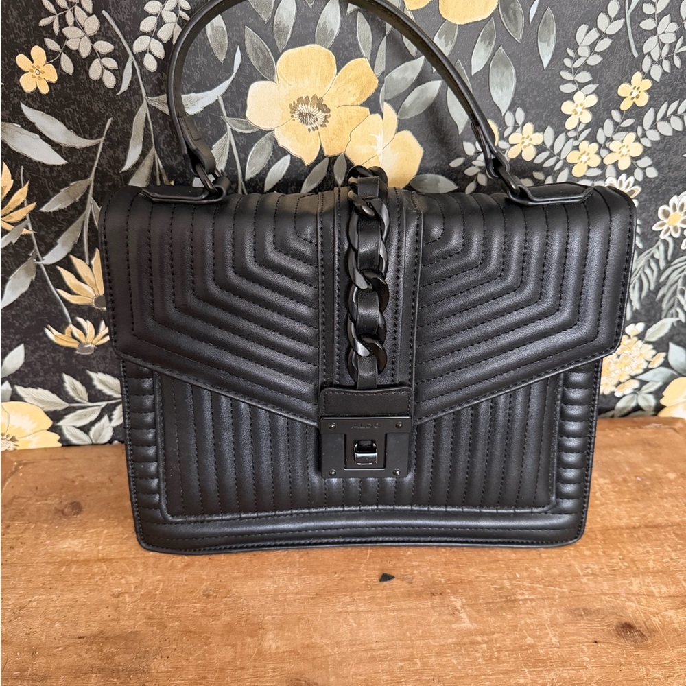 Aldo Black Quilted Chain-Accent Top-Handle Satchel